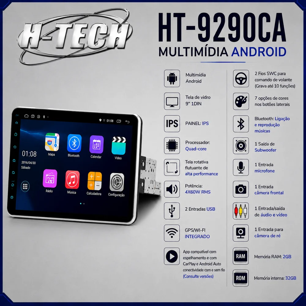 Multimídia 9" Android 1DIN Carplay sem Fio 2/32G